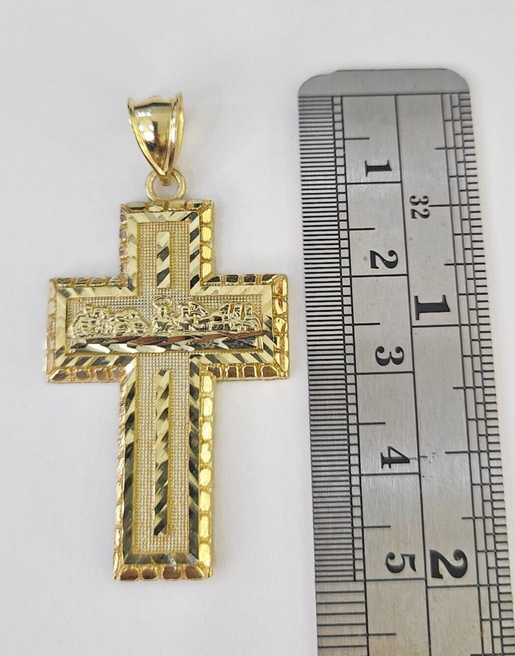 10k Real Last Supper Cross Charm Pendant Yellow Gold Men Women Diamond cuts 2"