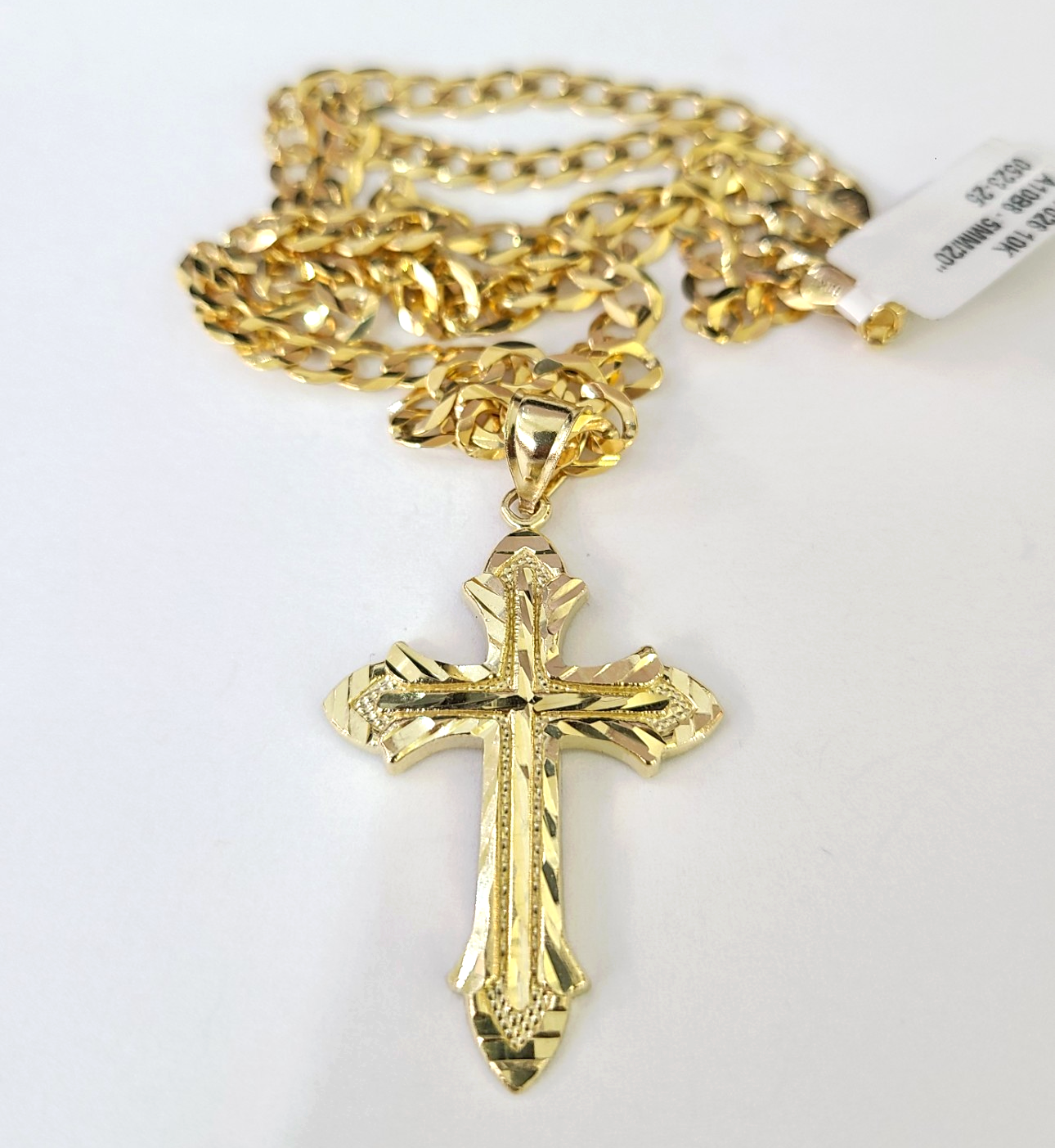 10k Gold Chain Jesus Cross Charm Pendant Cuban Curb Link 5mm 18"-28" Inch SET