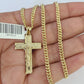 10K Gold Miami Cuban Chain Jesus Cross 18"-28" 3mm Pendant Necklace SET Charm