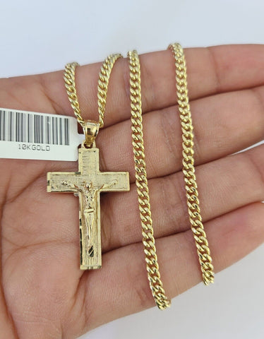 10K Gold Miami Cuban Chain Jesus Cross 18"-28" 3mm Pendant Necklace SET Charm