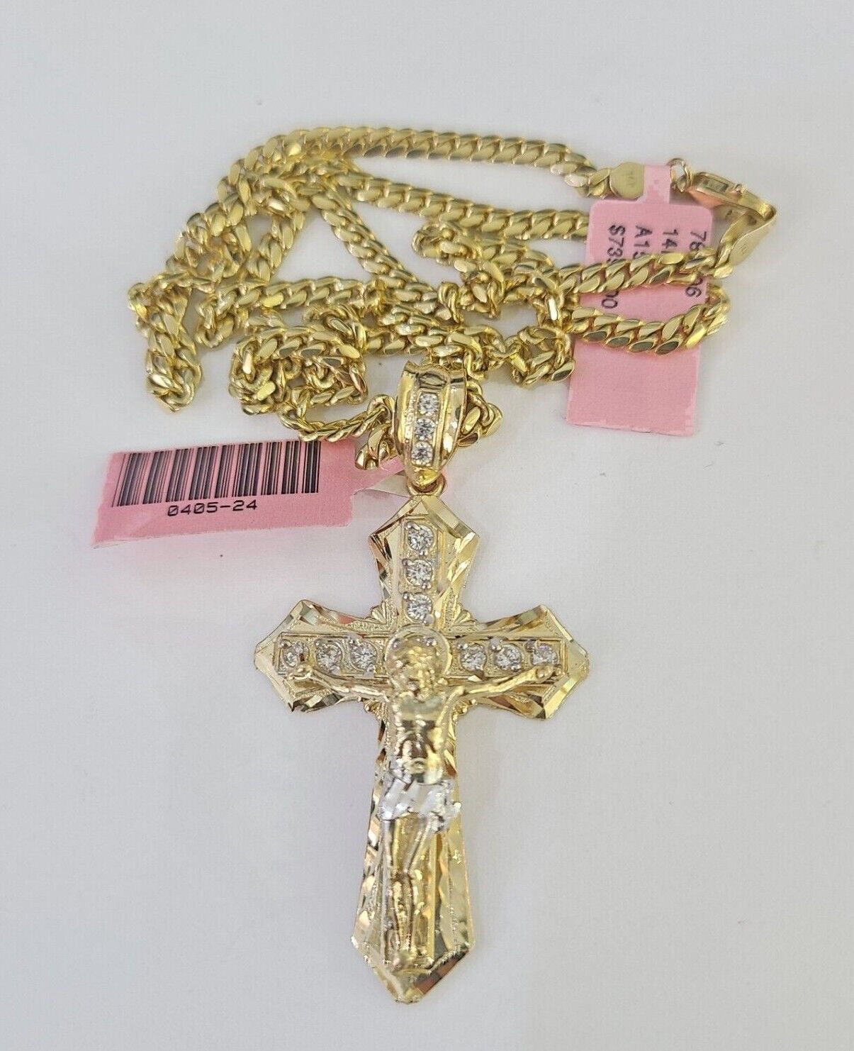 Real 14k Solid Chain Cross Charm Set Miami Cuban Link 3mm Necklace Pendant Gold