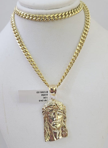 10k Yellow Gold Chain Jesus Head Charm Pendant Set 5mm Miami Cuban Link Necklace