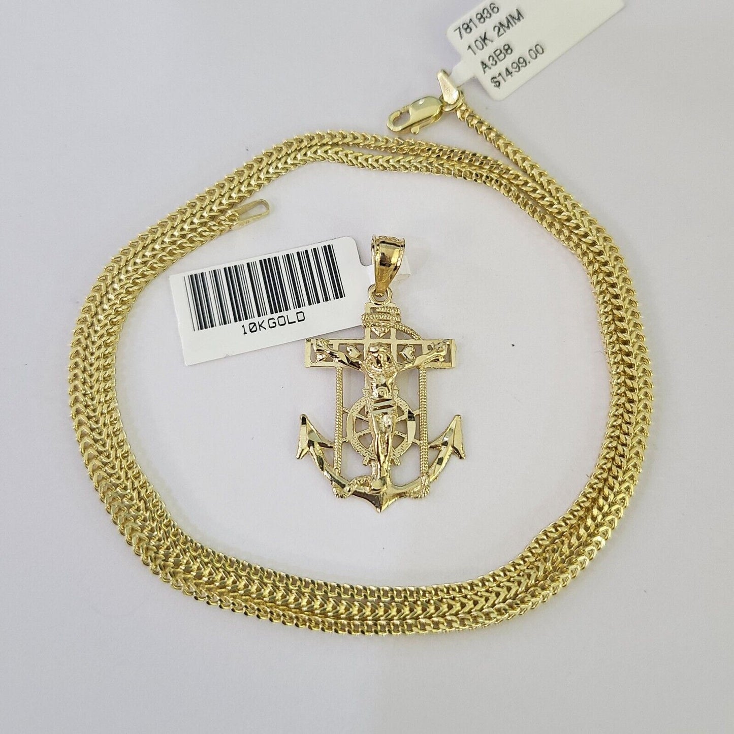 10K Franco Chain Jesus Anchor Pendant Charm Necklace 16"-24" 2mm Yellow Gold SET