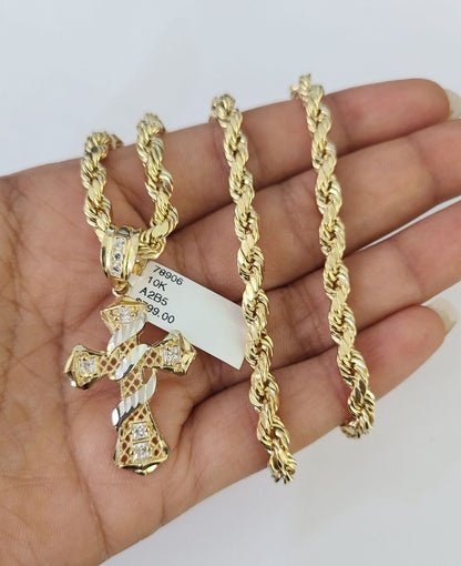 Real 10k Rope Chain Jesus Cross Charm Necklace Pendant Set 5mm 20"-30" Inch Gold