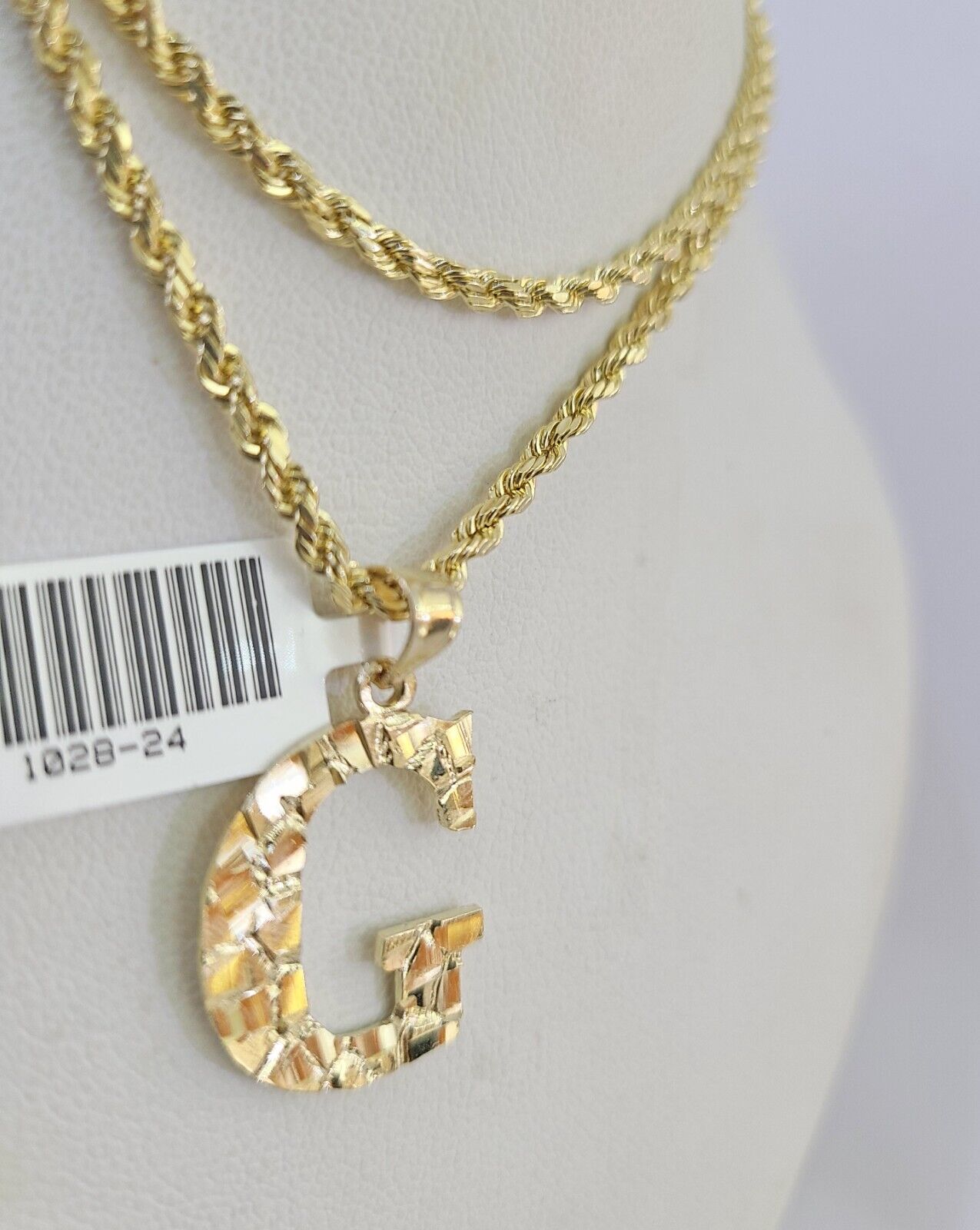 10k Gold Initial G Charm Rope Chain 16"-26" 2.5mm SET Necklace Alphabet Pendant