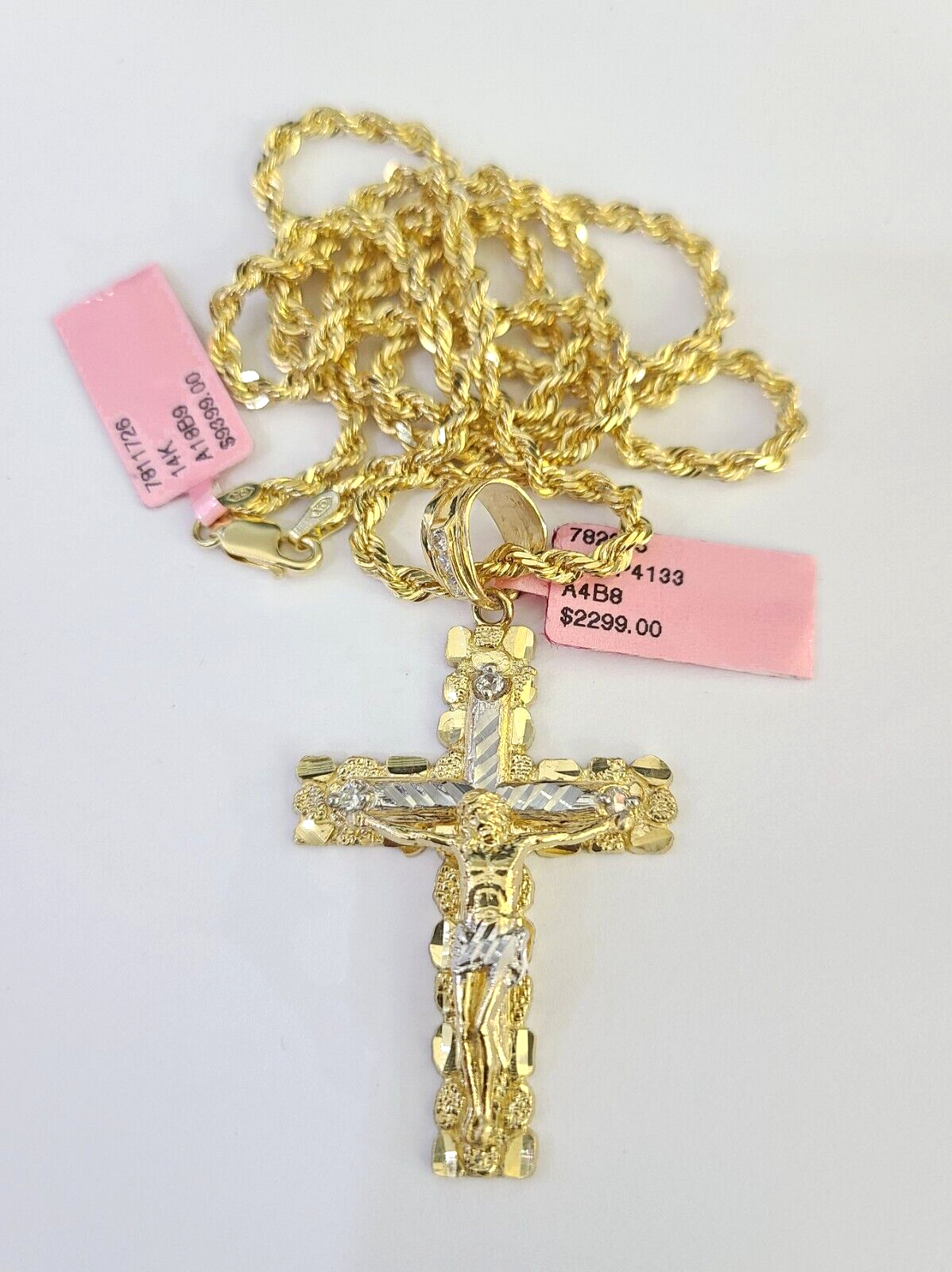 Real 14k Solid Rope Chain Jesus Nugget Cross Charm Set 3mm 18"-26" Necklace Gold