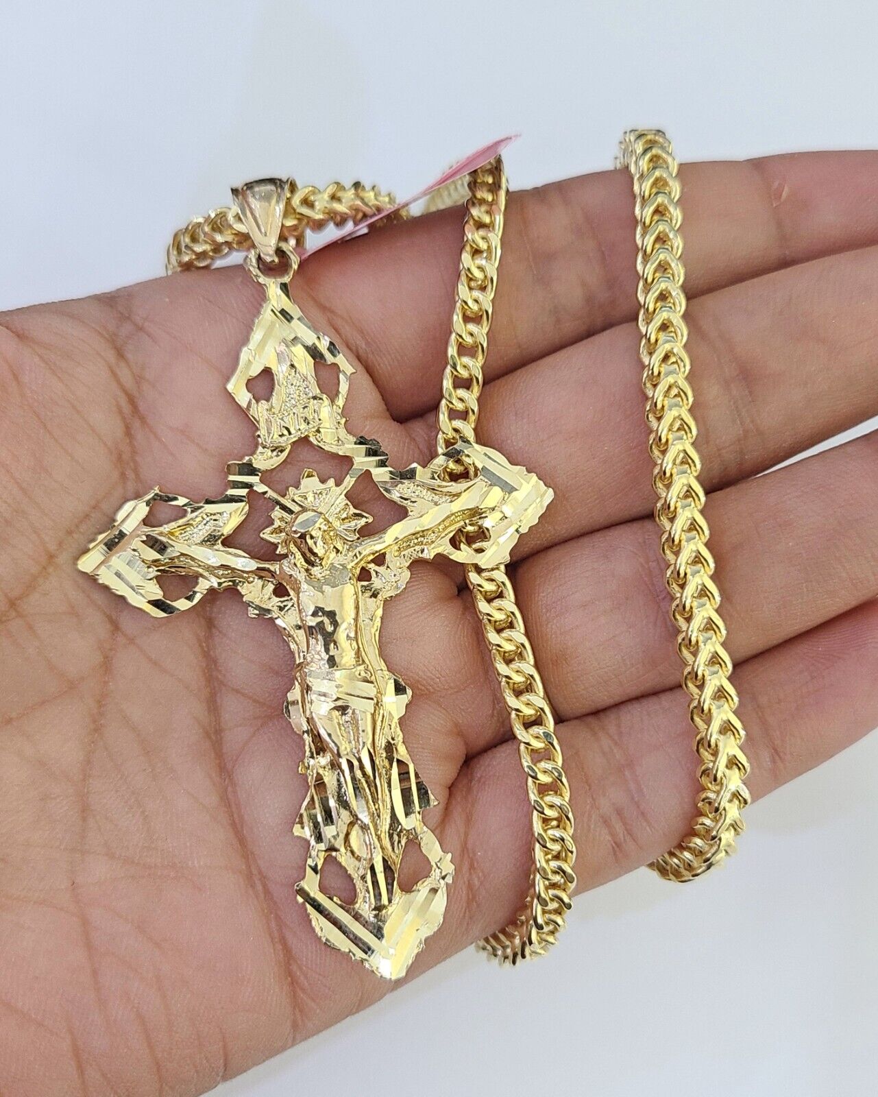 14K Franco Chain Jesus INRI Cross Pendant Charm Necklace 20"-26" 4mm Gold