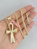 Real 14k Solid Rope Chain Ankh Cross Charm Gold Set 4mm 18"-30" Necklace Pendant