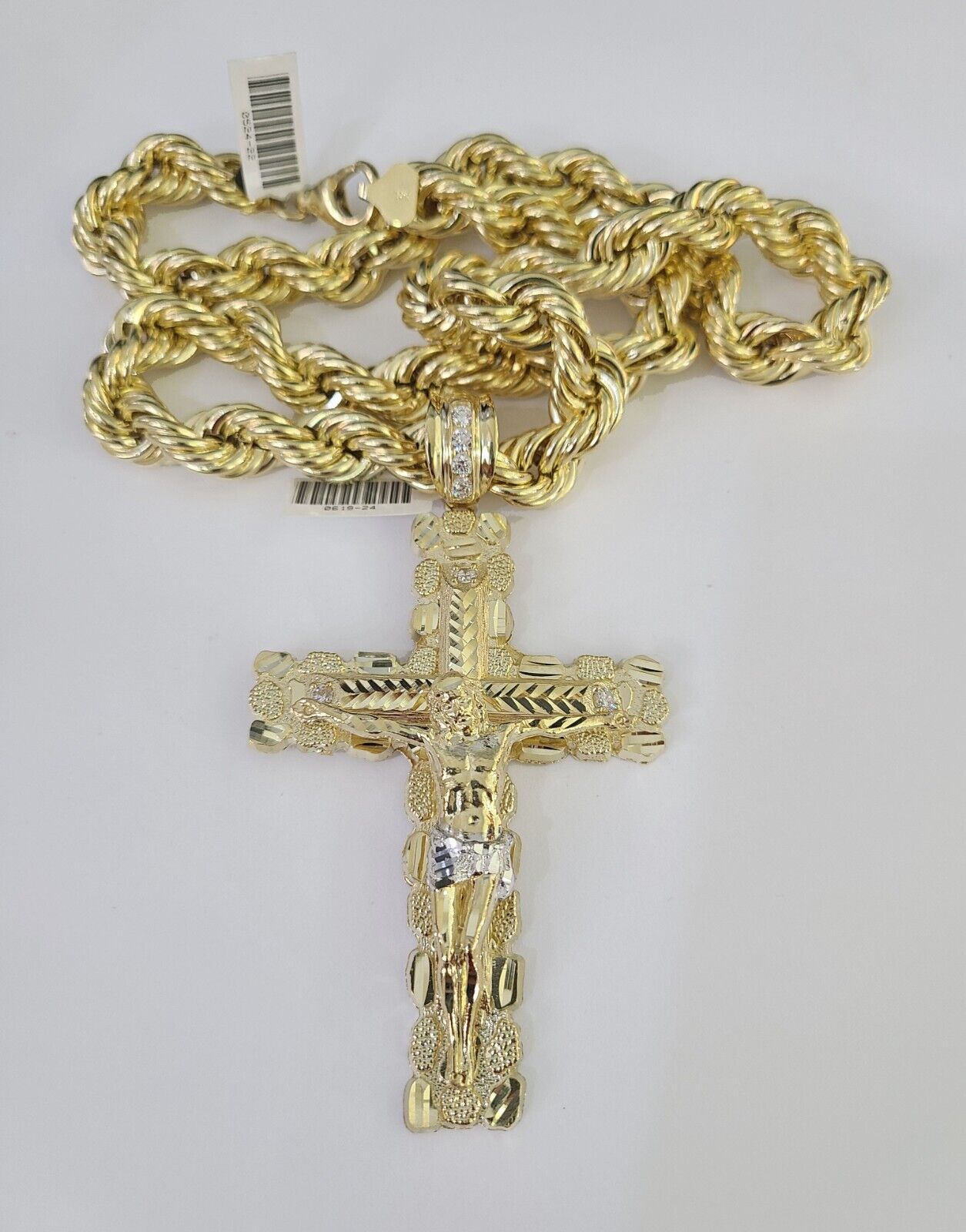 Real 10k Rope Chain Jesus Cross Charm Set 12mm 20"-30" Inch Necklace Yellow Gold