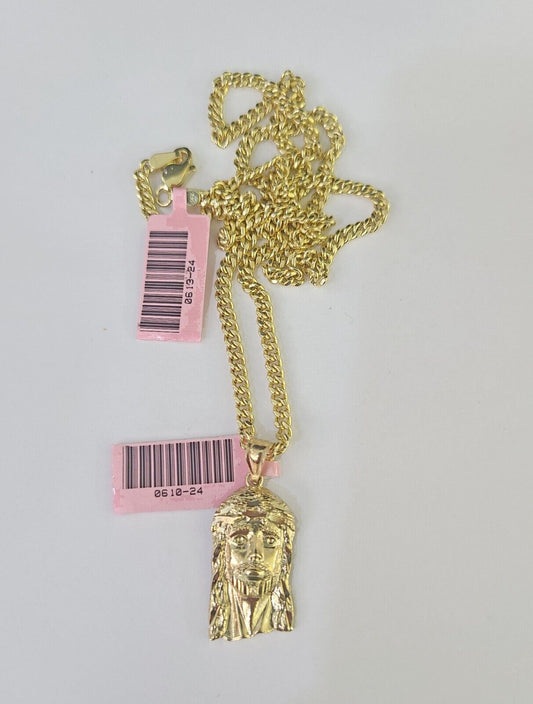 14k Miami Cuban Chain Jesus Head Charm Yellow Gold Set 3mm 18"-28" Necklace