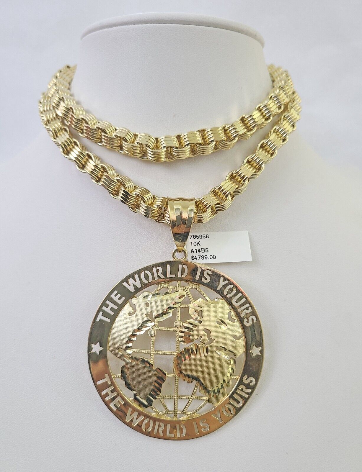 10k Gold Byzantine Necklace World is Yours Charm Pendant 20"-30" 8mm SET Chain