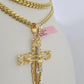 Real 14k Solid Chain Cross Charm Set Miami Cuban Link 6mm Necklace Pendant Gold