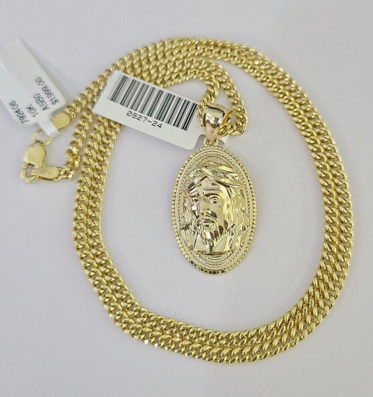 10K Gold Miami Cuban Chain Jesus Head 18"-28" 3mm Pendant Necklace SET Charm