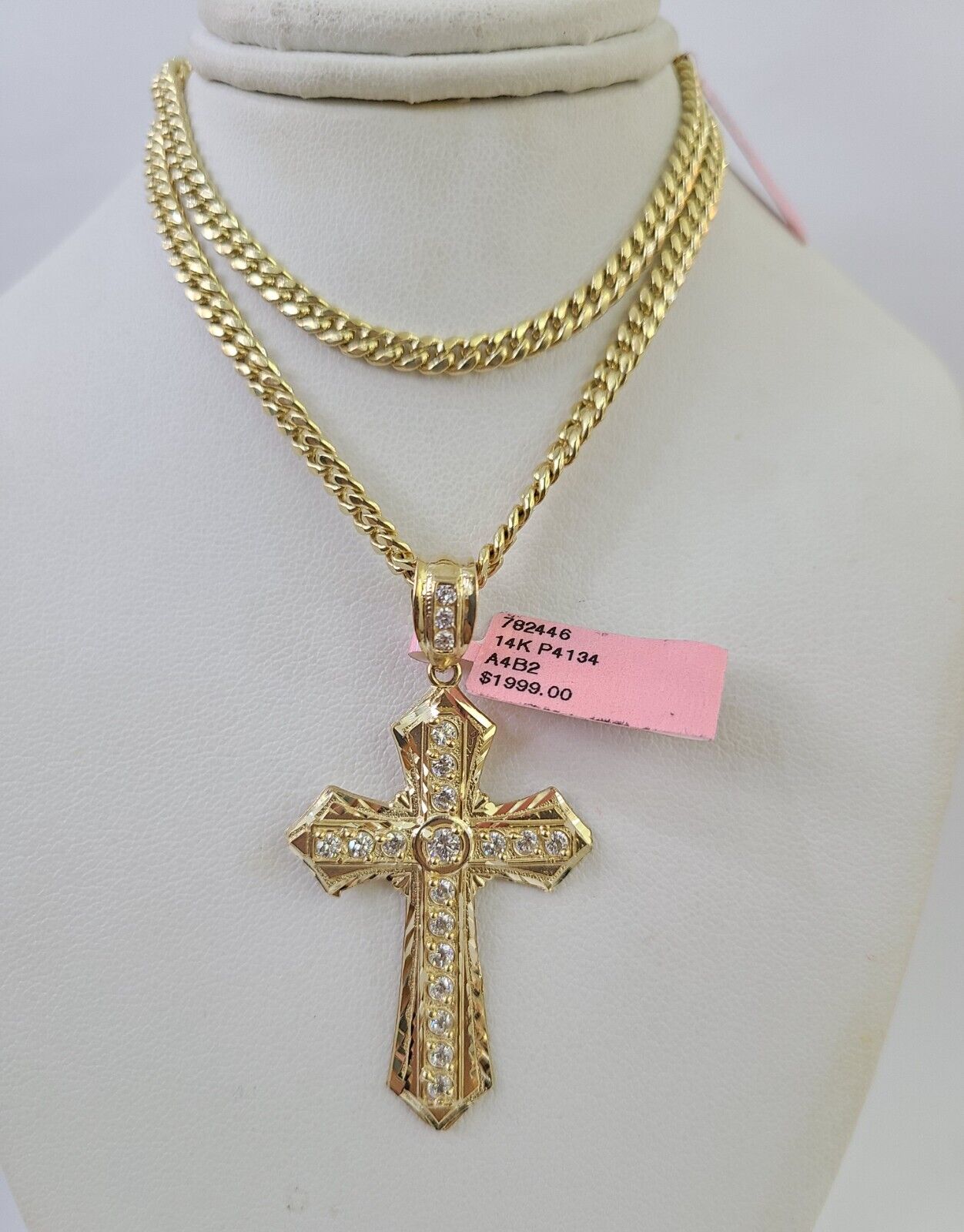 Real 14k Chain Cross Charm Set Miami Cuban Link 4mm Necklace Pendant Yellow Gold