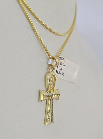 10K Solid Franco Chain Ankh Cross Pendant Charm Necklace 18"-24" 1.5mm Gold