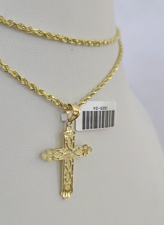 10k Solid Rope Chain 2mm Jesus Cross Pendant Charm Necklace SET 18-24 in