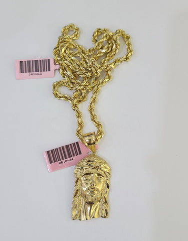 14k Solid Rope Chain Jesus Head Charm Set 4mm 18"-28" Inch Necklace Yellow Gold