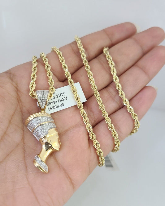 10k Solid Rope Chain Egypt Queen Pendant Diamond Necklace 20"-28" Gold Set 3mm