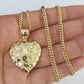 10K Gold Miami Cuban Chain Nugget Heart Charm 18"-24" 3mm REAL Pendant Ladies