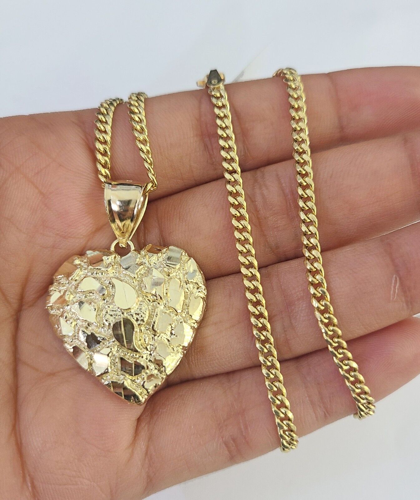 10K Gold Miami Cuban Chain Nugget Heart Charm 18"-24" 3mm REAL Pendant Ladies