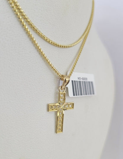 10K Solid Franco Chain Jesus Cross Pendant Charm Necklace 16"-24" 1mm Ladies