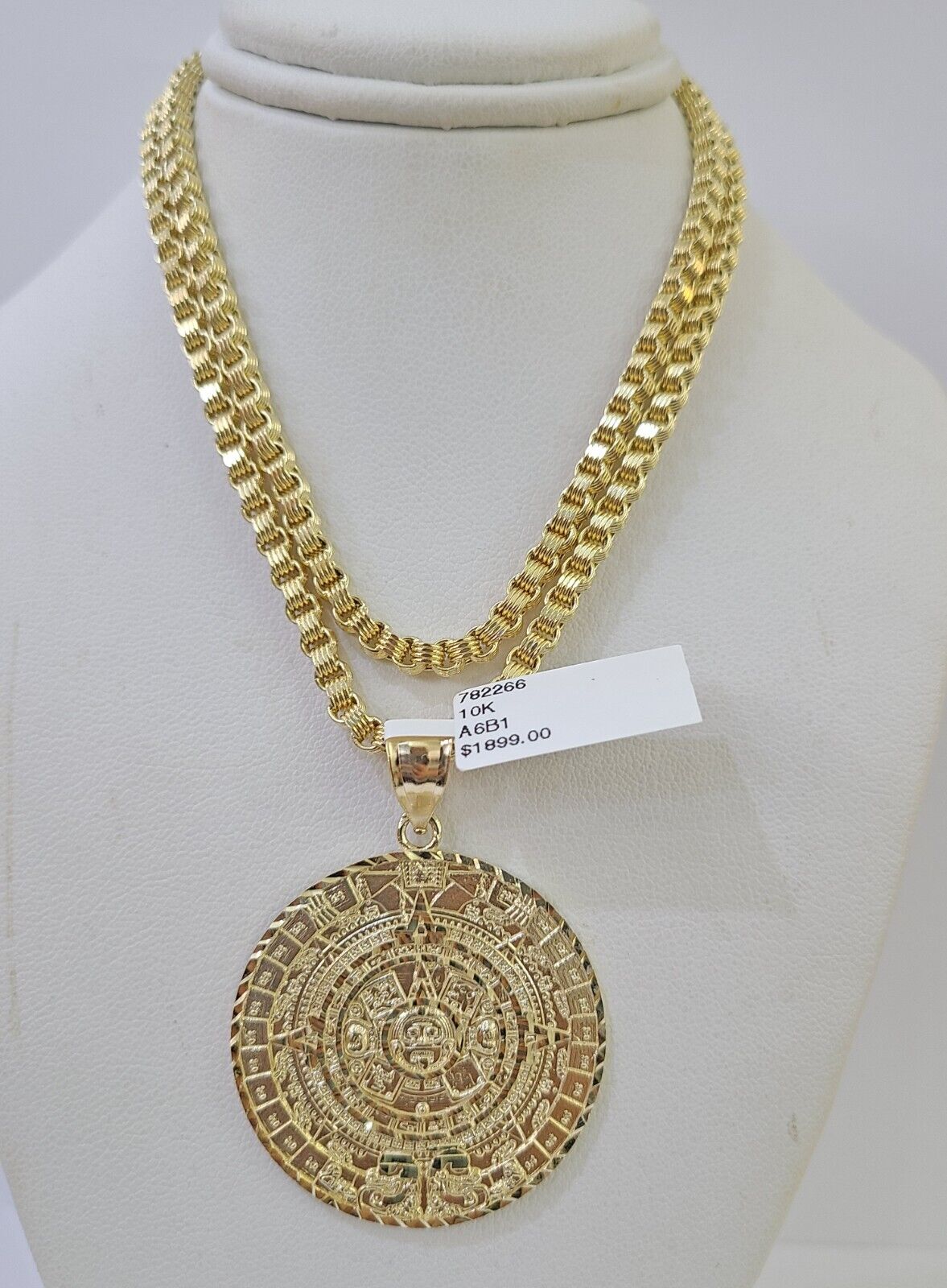 10k Gold Byzantine Necklace Mayan Calendar Charm 18-26 inches 3mm SET Chain