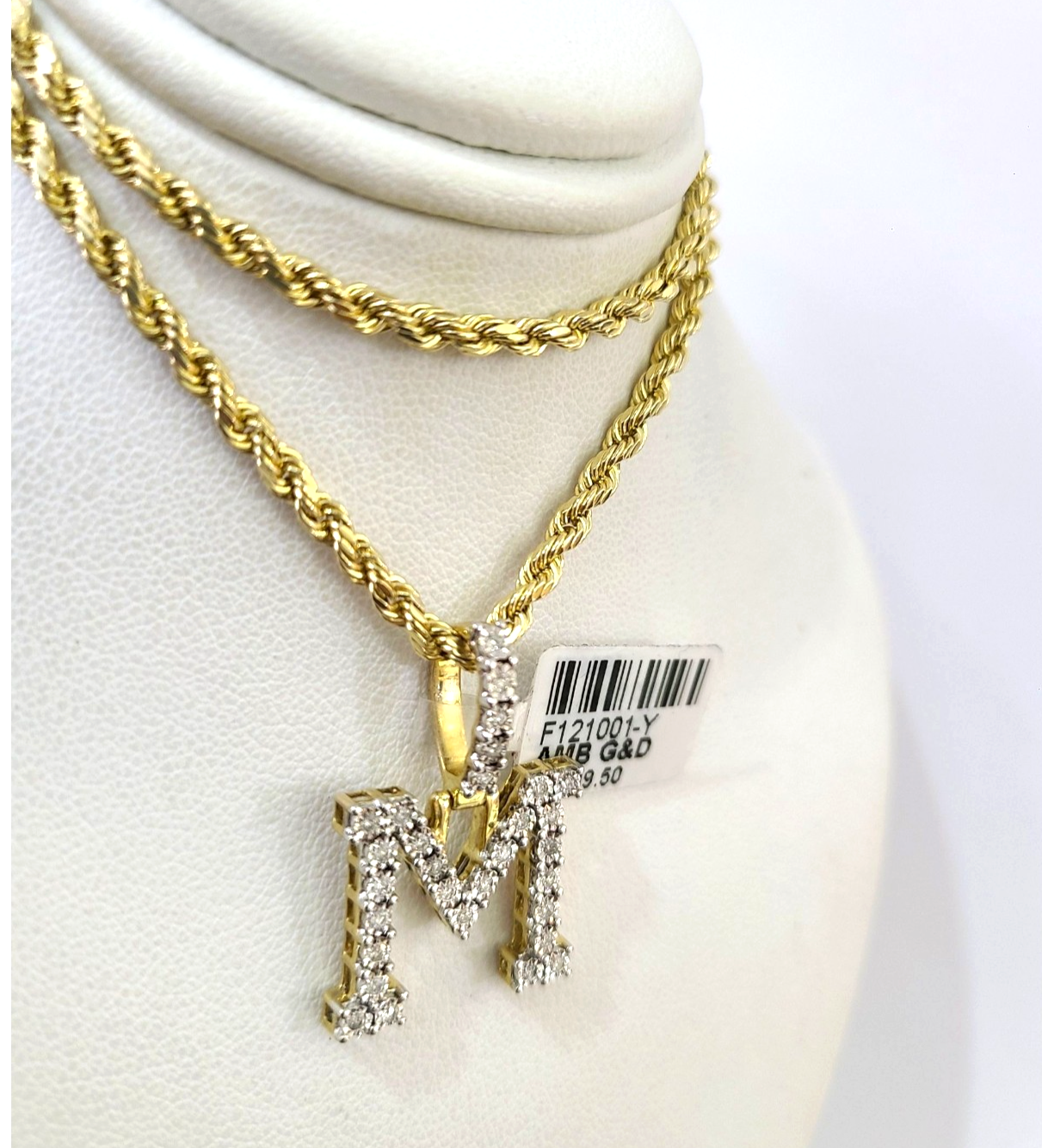 10k Rope Chain M Diamond Initial Charm Necklace Pendant Set 2mm 18"-24" Gold