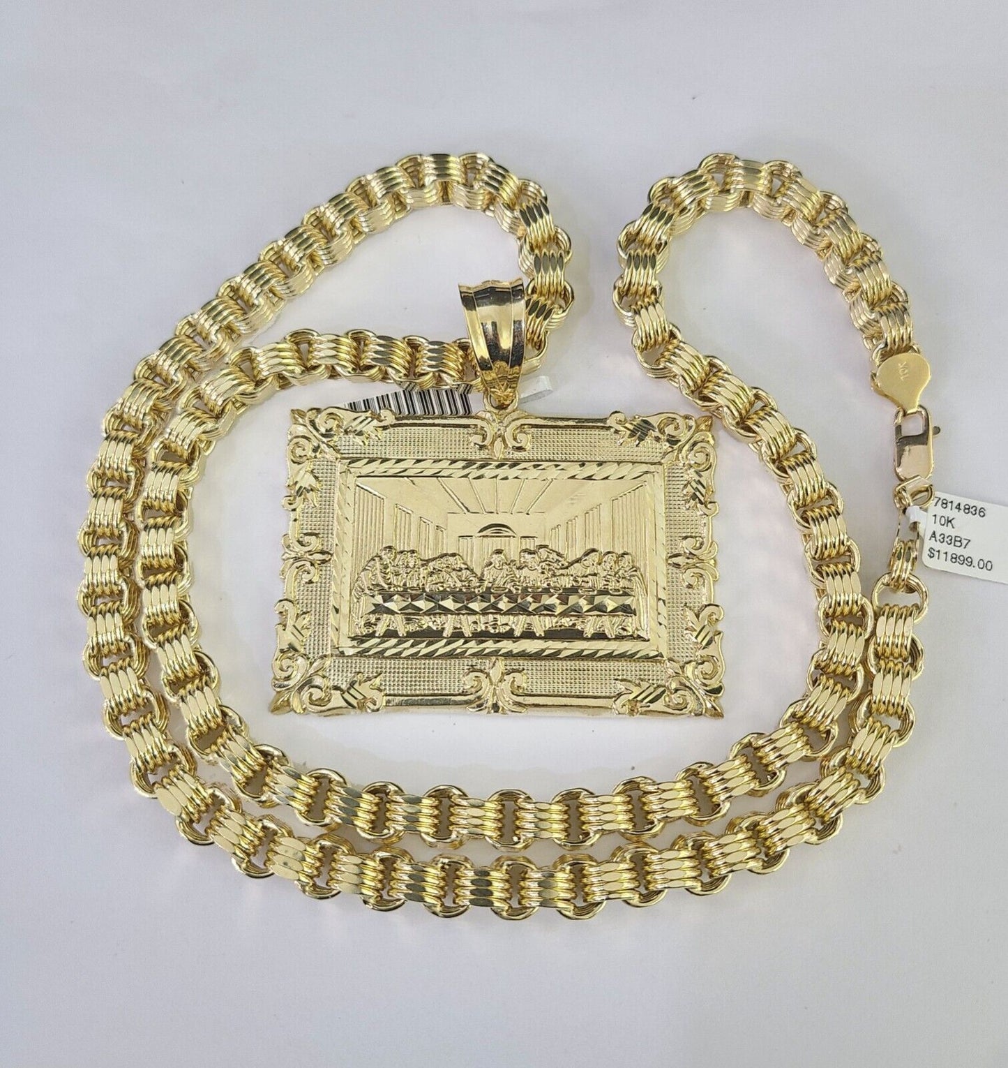 10k Gold Byzantine Necklace Last Supper Charm Pendant 20"-30" 8mm REAL SET Chain