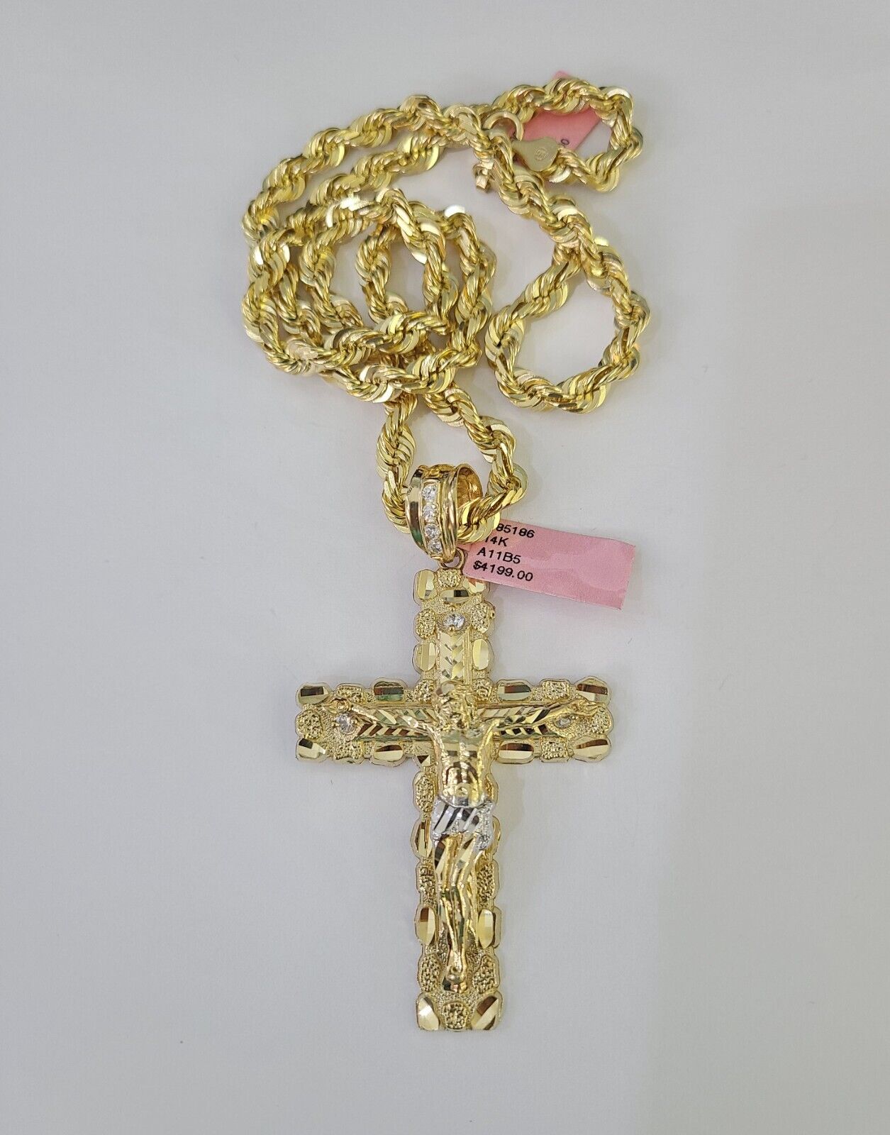 Real 14k Solid Rope Chain Jesus Cross Charm Set 6mm 18"-30" Necklace Gold