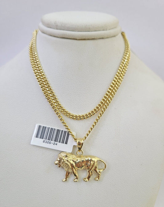 10K Gold Miami Cuban Chain Roaring Lion 18"-28" 3mm REAL Pendant Necklace SET