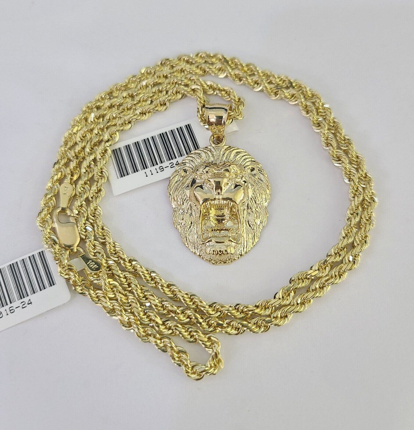 10k Solid Rope Chain 3mm Lion Head Pendant Charm Necklace SET 18-26 in