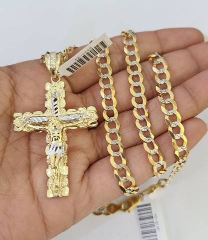 10k Solid Gold Cuban Curb Chain Jesus Cross Pendant 6mm 20"-30" SET Necklace