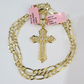 14k Solid Figaro Chain Jesus Cross Pendant Gold 4mm 18"-28" SET Necklace