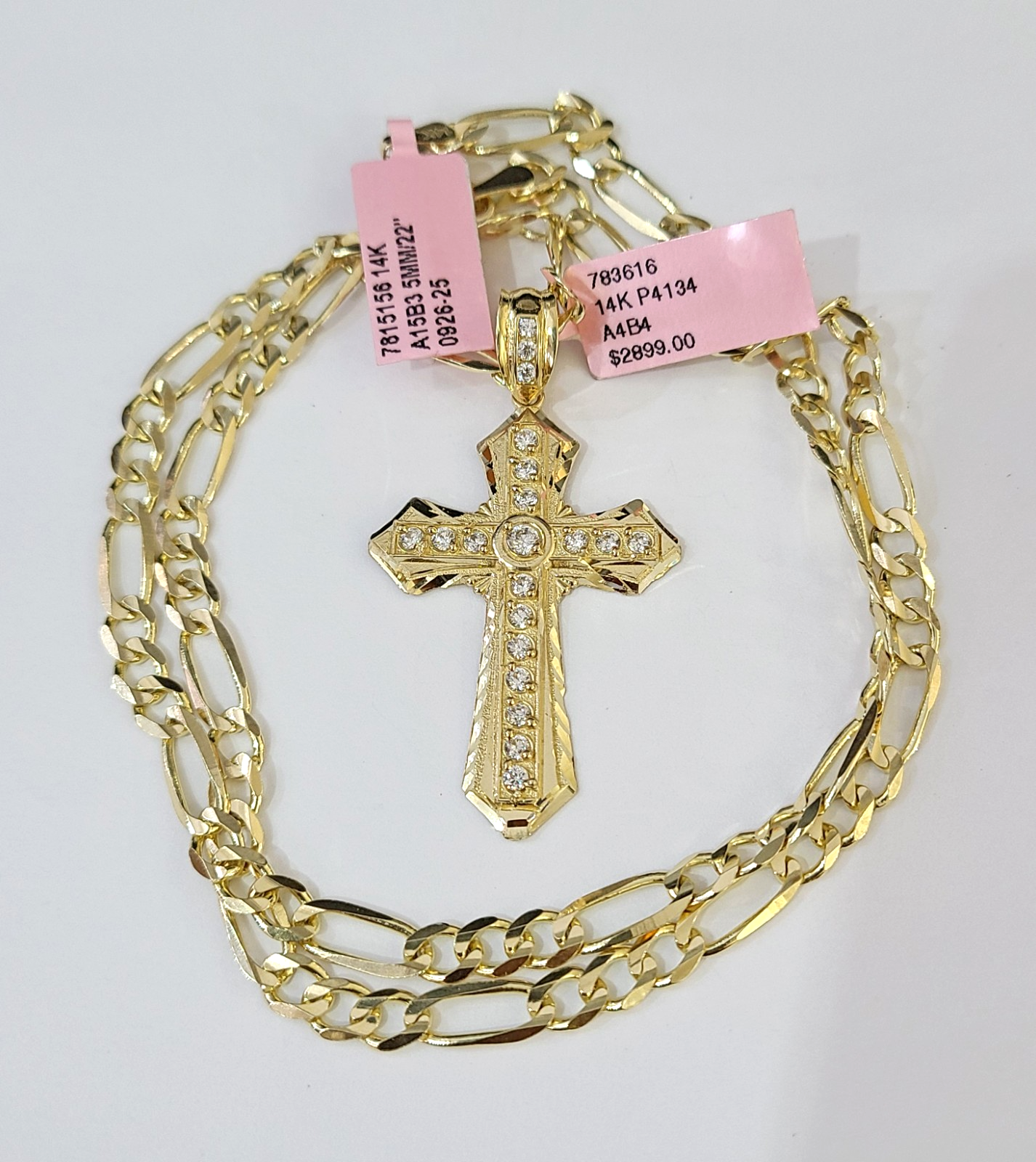 14k Solid Figaro Chain Jesus Cross Pendant Gold 4mm 18"-28" SET Necklace