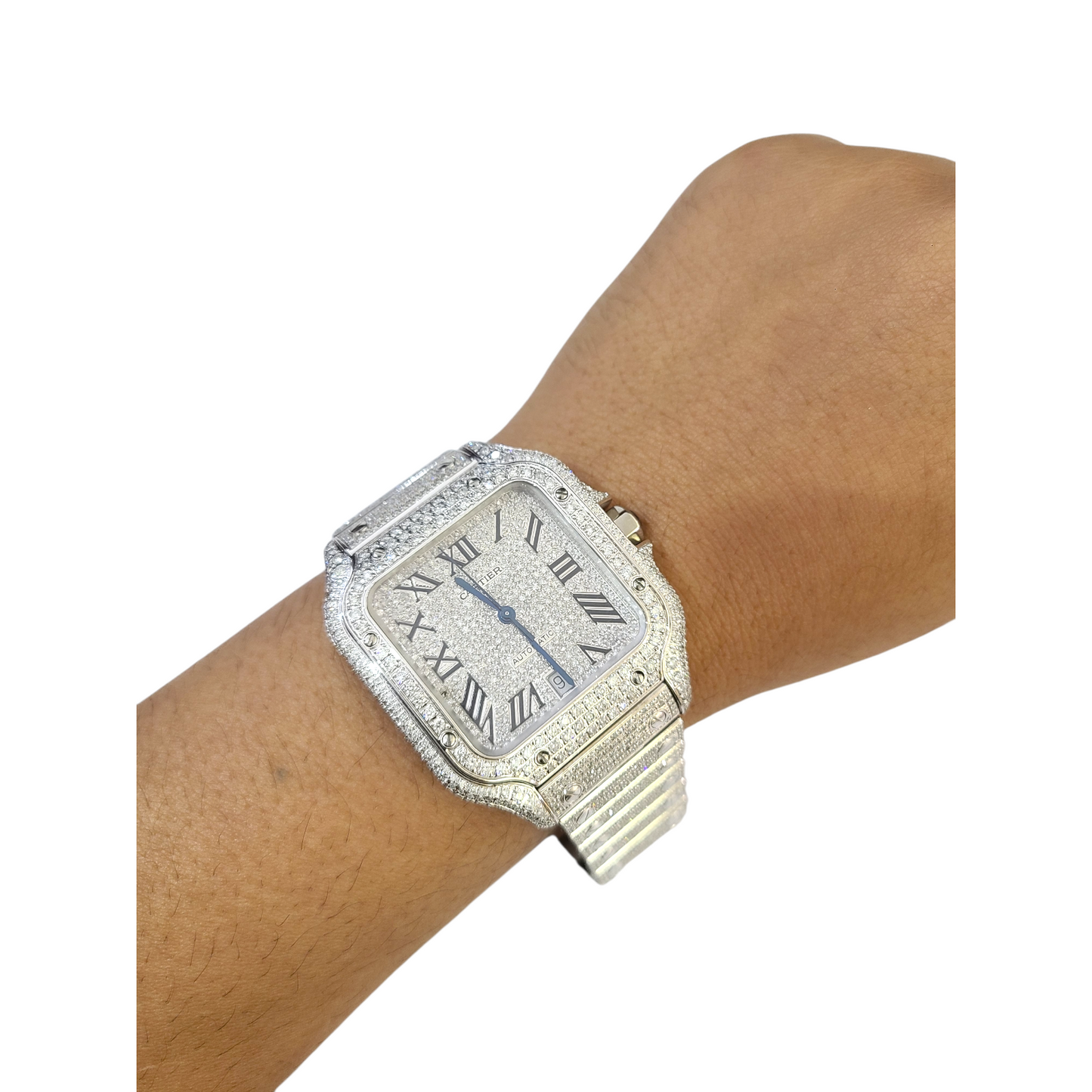 40mm Cartier Santos Men's S.Steel Watch Roman Iced Out 12 CT Diamonds (pre-owned)
