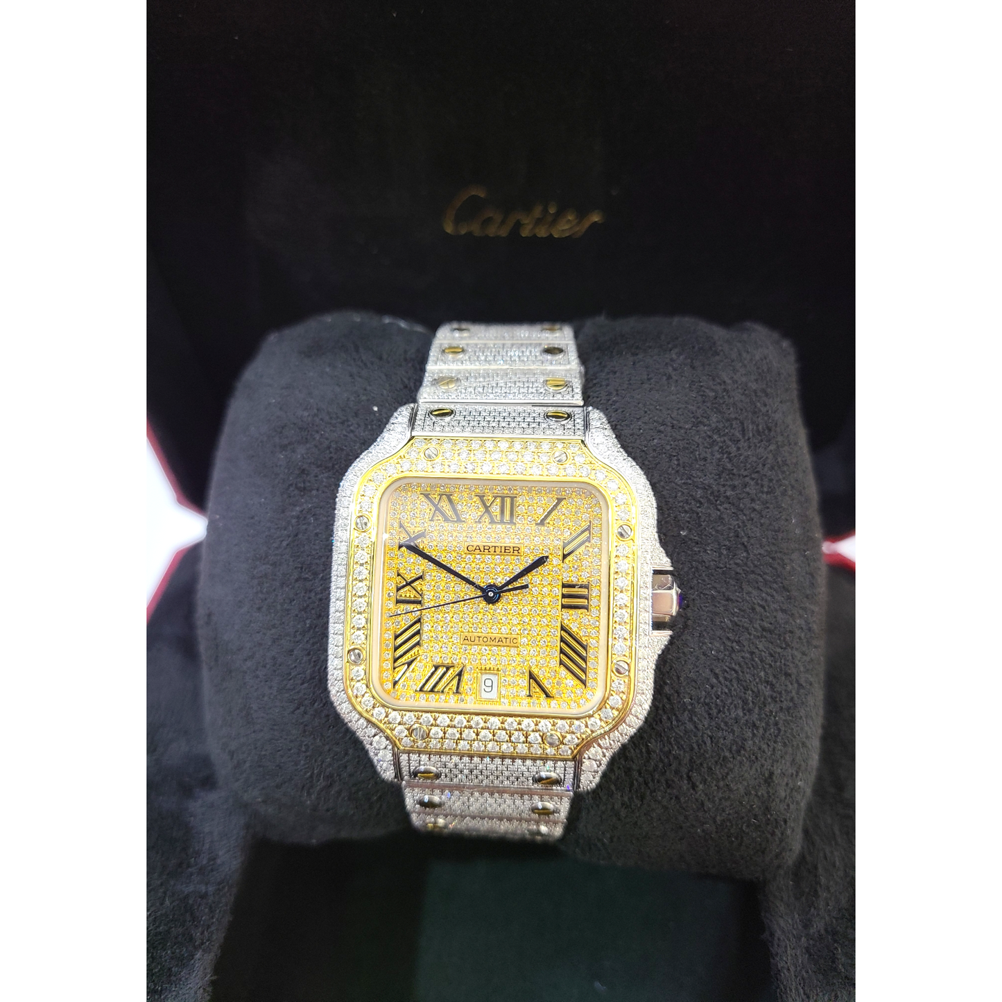 Cartier Santos Men's S.Steel Watch Roman Iced Out 12ct Diamonds 40mm (pre-owned)
