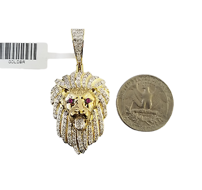 Real 10K Yellow Gold Genuine Diamond Lion Head Pendant Pink Eye Lion Charm