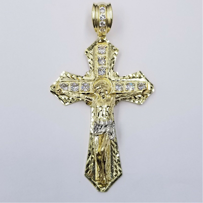 10k Gold Solid Men Jesus cross Charm Nugget Pendant Diamond Cut