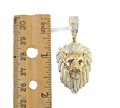 Real 10K Yellow Gold Genuine Diamond Lion Head Pendant Pink Eye Lion Charm