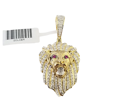 Real 10K Yellow Gold Genuine Diamond Lion Head Pendant Pink Eye Lion Charm