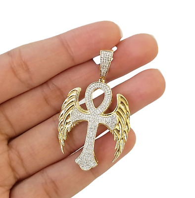 10K Yellow Gold Real Diamond Ankh Angel Wing Cross Pendent Jesus Charm