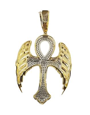 10K Yellow Gold Real Diamond Ankh Angel Wing Cross Pendent Jesus Charm