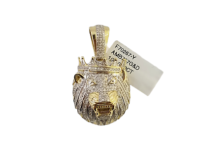 10K Yellow Gold Real Diamond Pendant King Lion Head Crown Charm