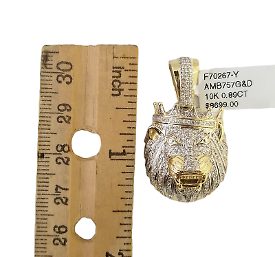 10K Yellow Gold Real Diamond Pendant King Lion Head Crown Charm