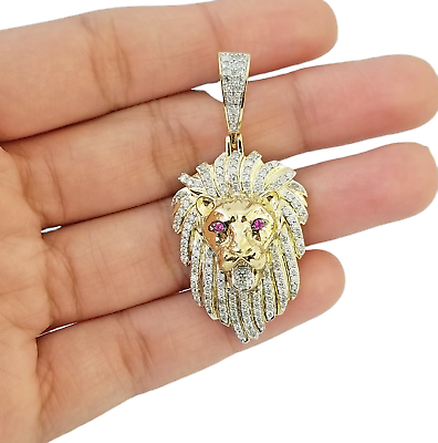 Real 10K Yellow Gold Genuine Diamond Lion Head Pendant Pink Eye Lion Charm