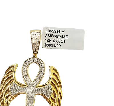 10K Yellow Gold Real Diamond Ankh Angel Wing Cross Pendent Jesus Charm