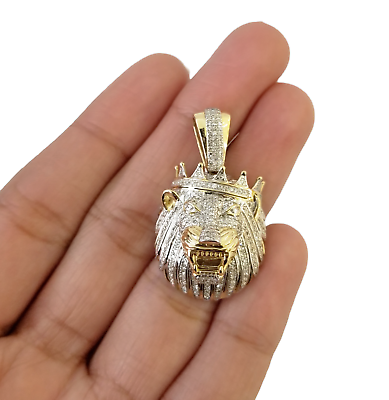 10K Yellow Gold Real Diamond Pendant King Lion Head Crown Charm