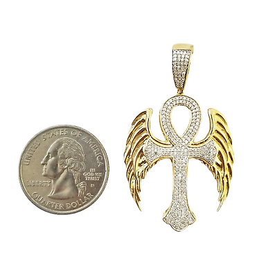 10K Yellow Gold Real Diamond Ankh Angel Wing Cross Pendent Jesus Charm