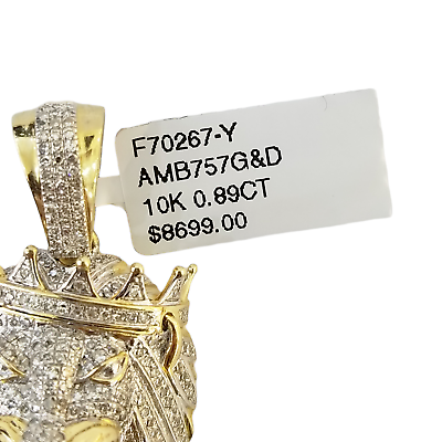 10K Yellow Gold Real Diamond Pendant King Lion Head Crown Charm