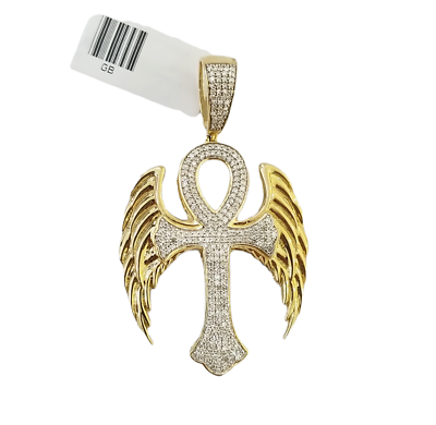 10K Yellow Gold Real Diamond Ankh Angel Wing Cross Pendent Jesus Charm